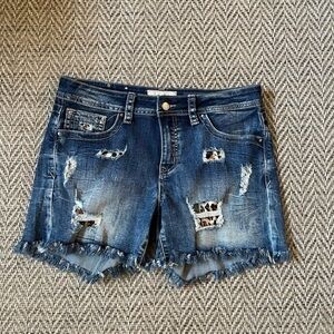 Grace In LA Easy Fit Distressed Denim Shorts With Animal Print Patches Size 29